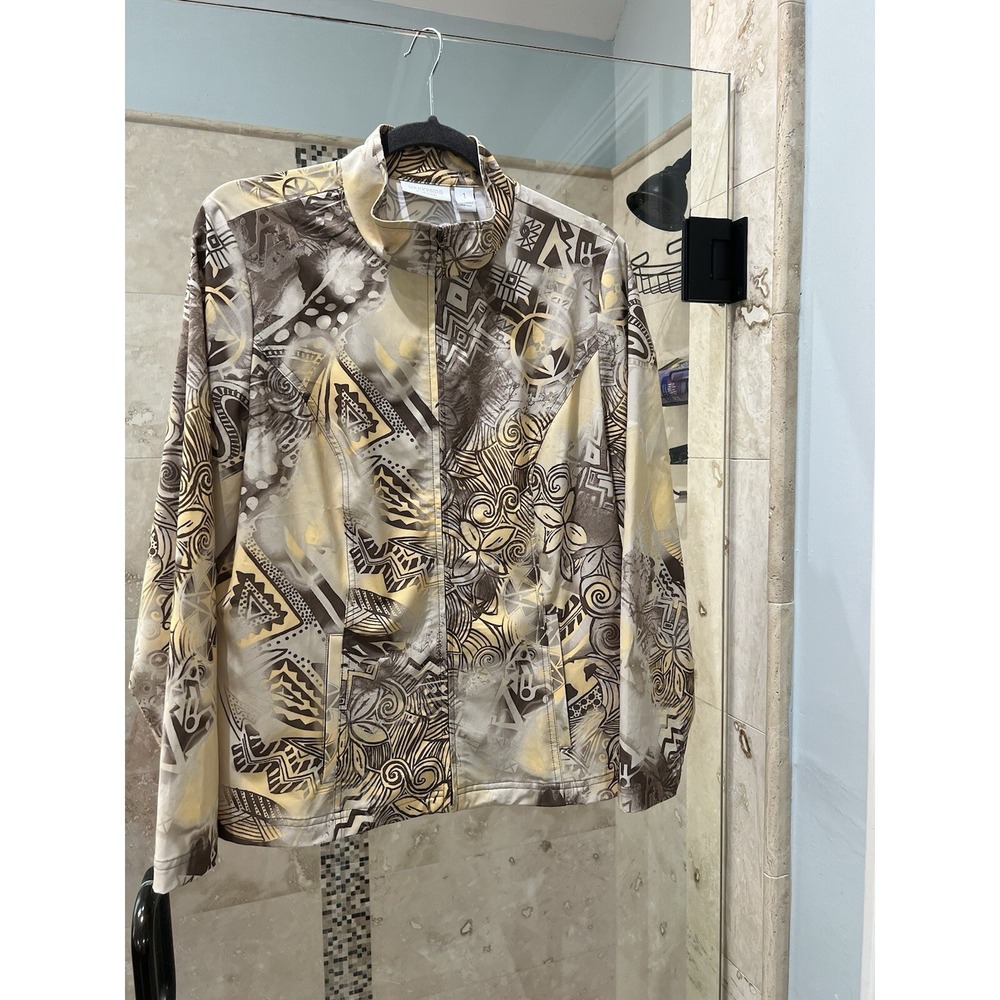 Chicos Weekends 1 Muted Tan Yellow  Print Full Zip Jacket Travel Casual Coastal